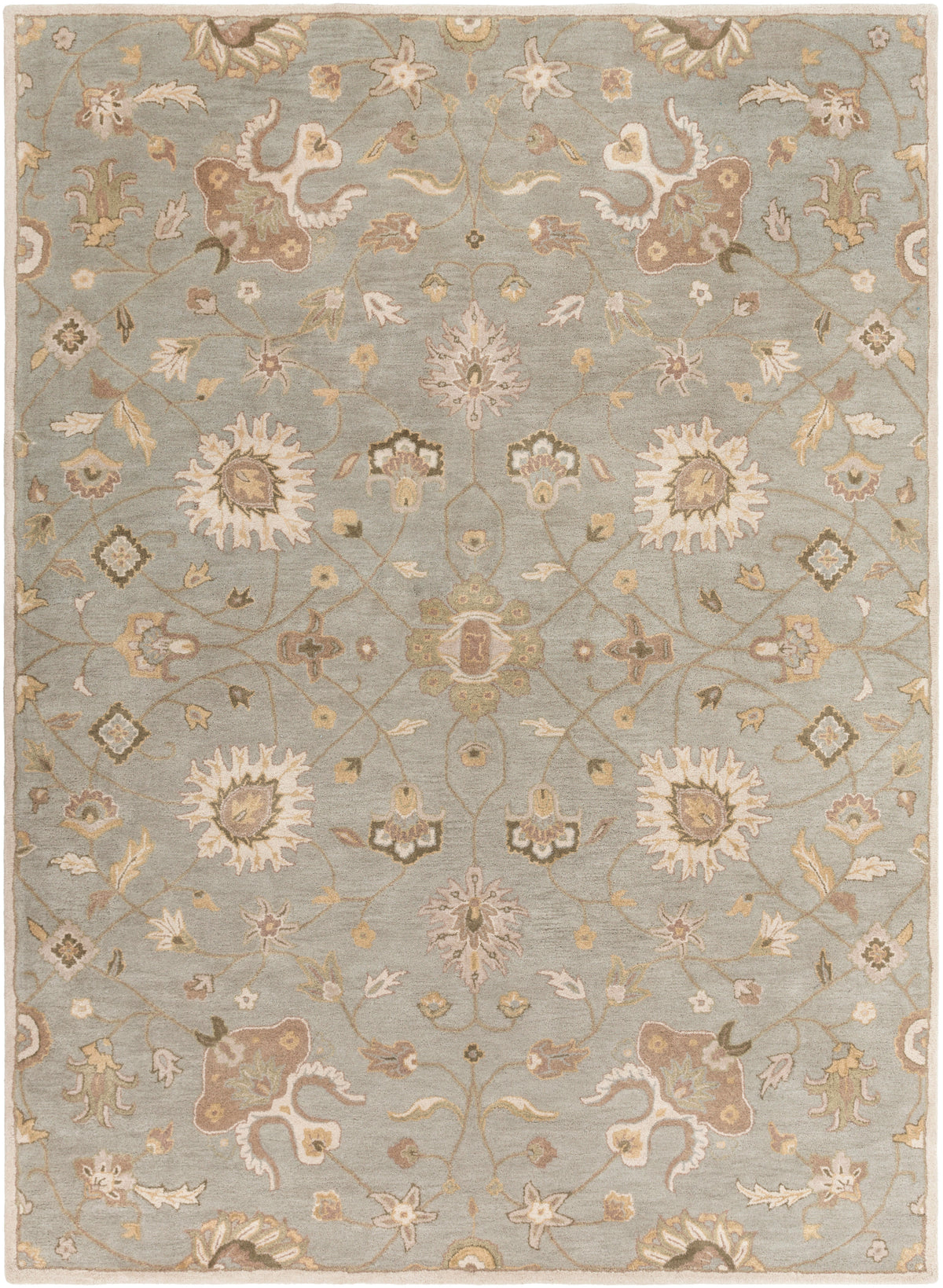 Giardino Stone hand-tufted wool rug with a blue-grey background and beige floral pattern.