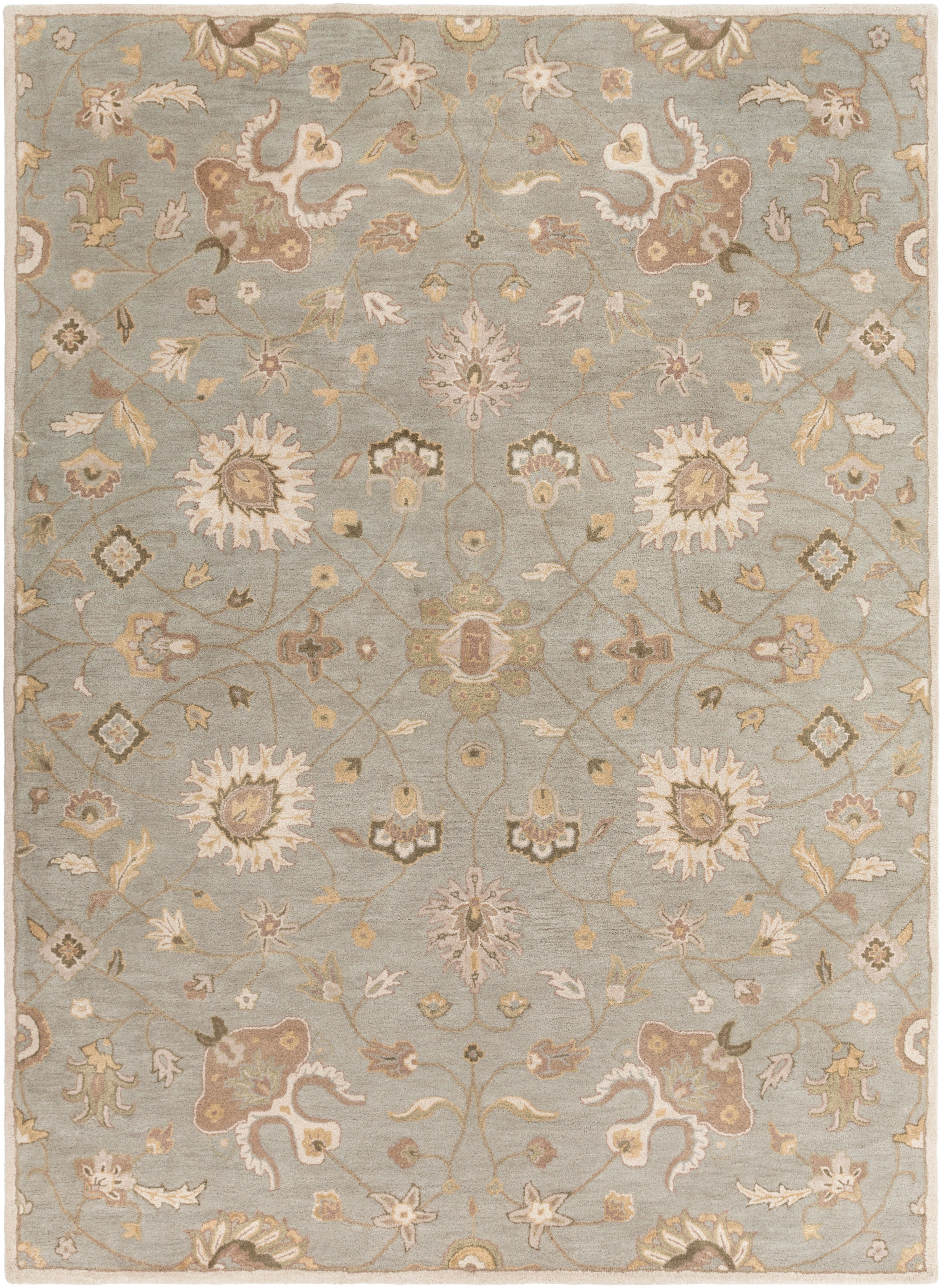 Giardino Stone hand-tufted wool rug with a blue-grey background and beige floral pattern.