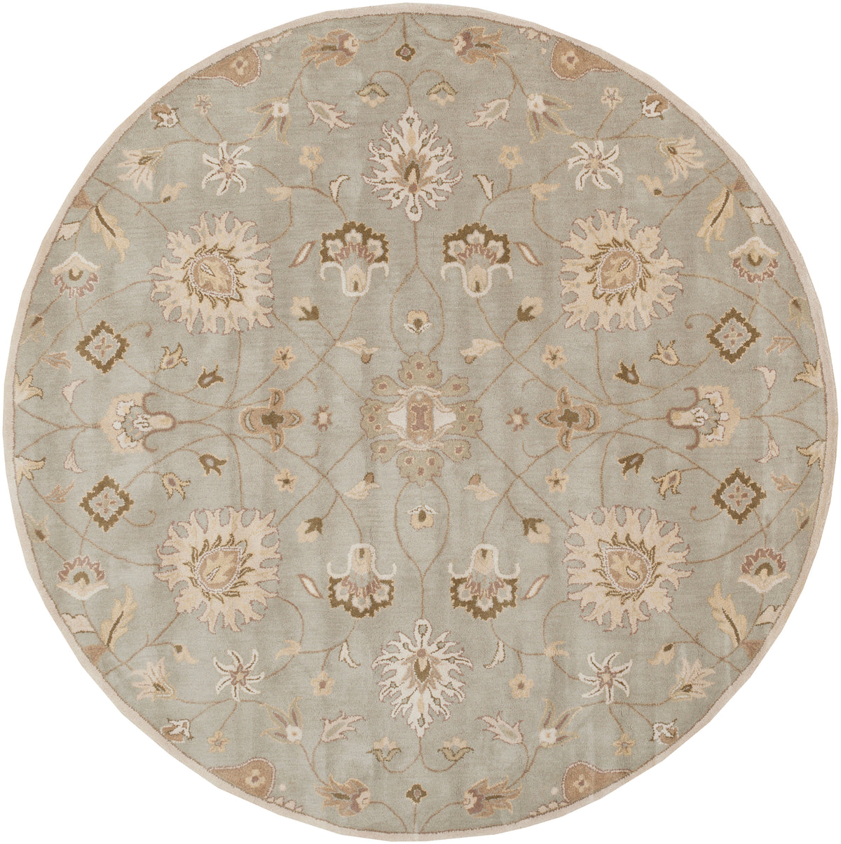Round Giardino Stone hand-tufted wool rug with a blue-grey floral pattern.