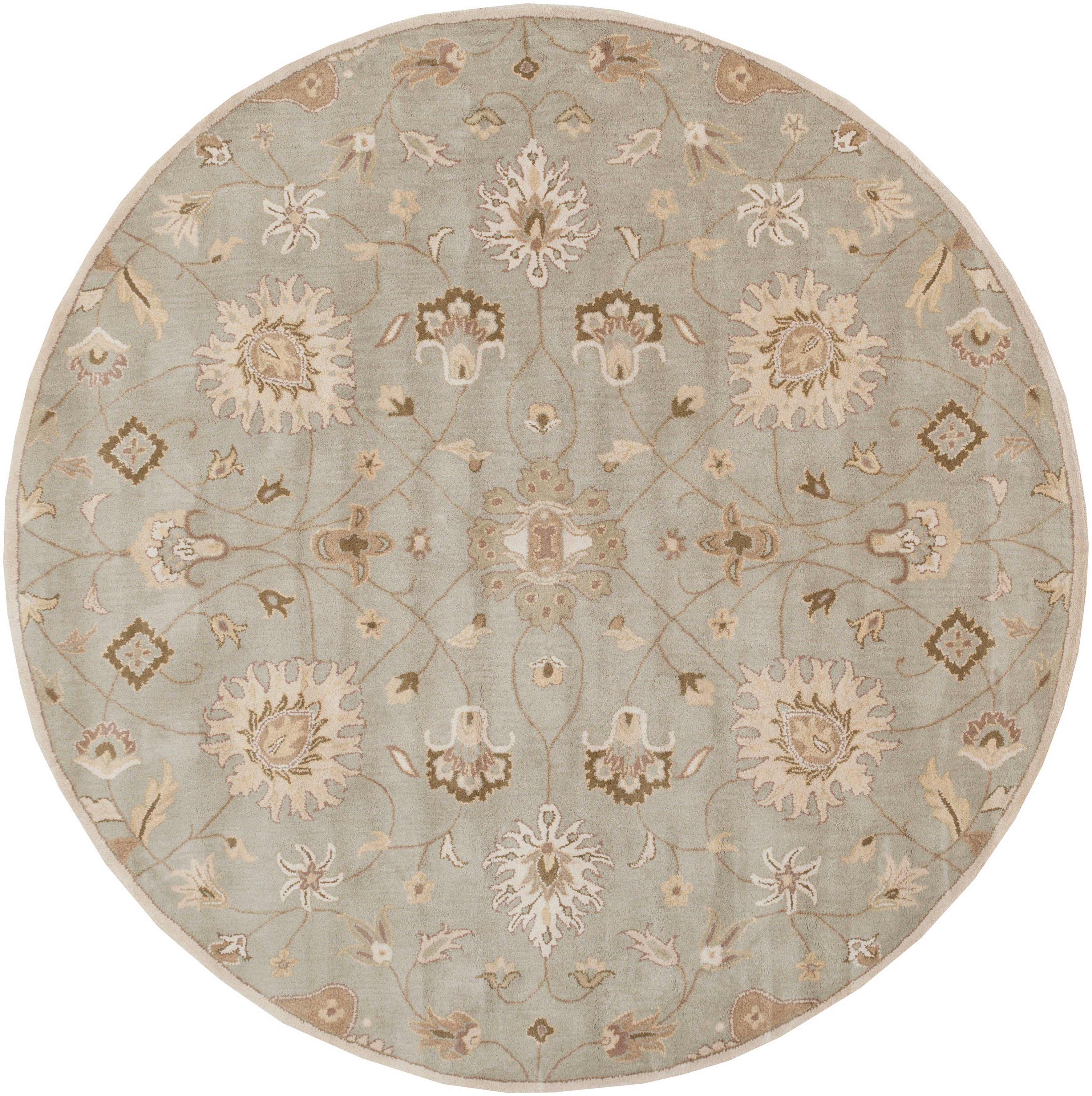 Round Giardino Stone hand-tufted wool rug with a blue-grey floral pattern.