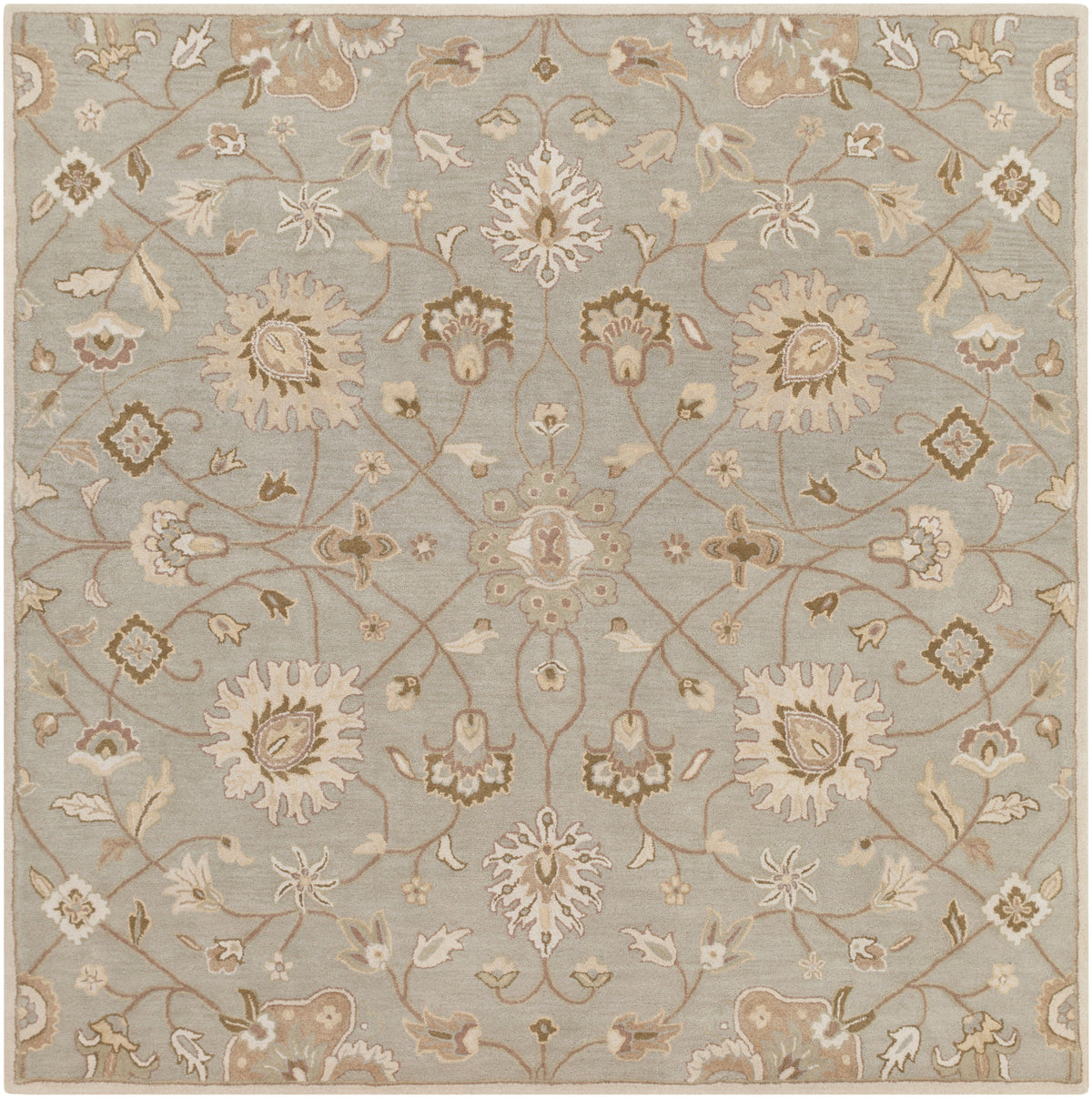Giardino Stone hand-tufted wool rug with a floral pattern in blue-grey, beige, and brown.