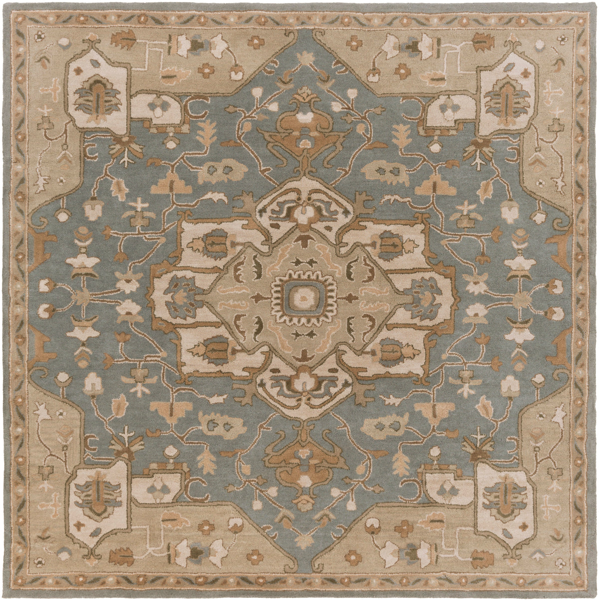 Roman Stone hand-tufted wool rug in blue-grey with traditional tan and sage patterns.