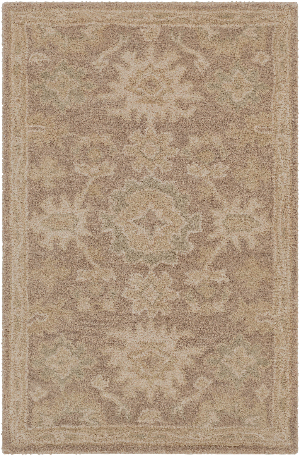 Julian Sand hand-tufted wool rug with a warm beige floral and medallion pattern.