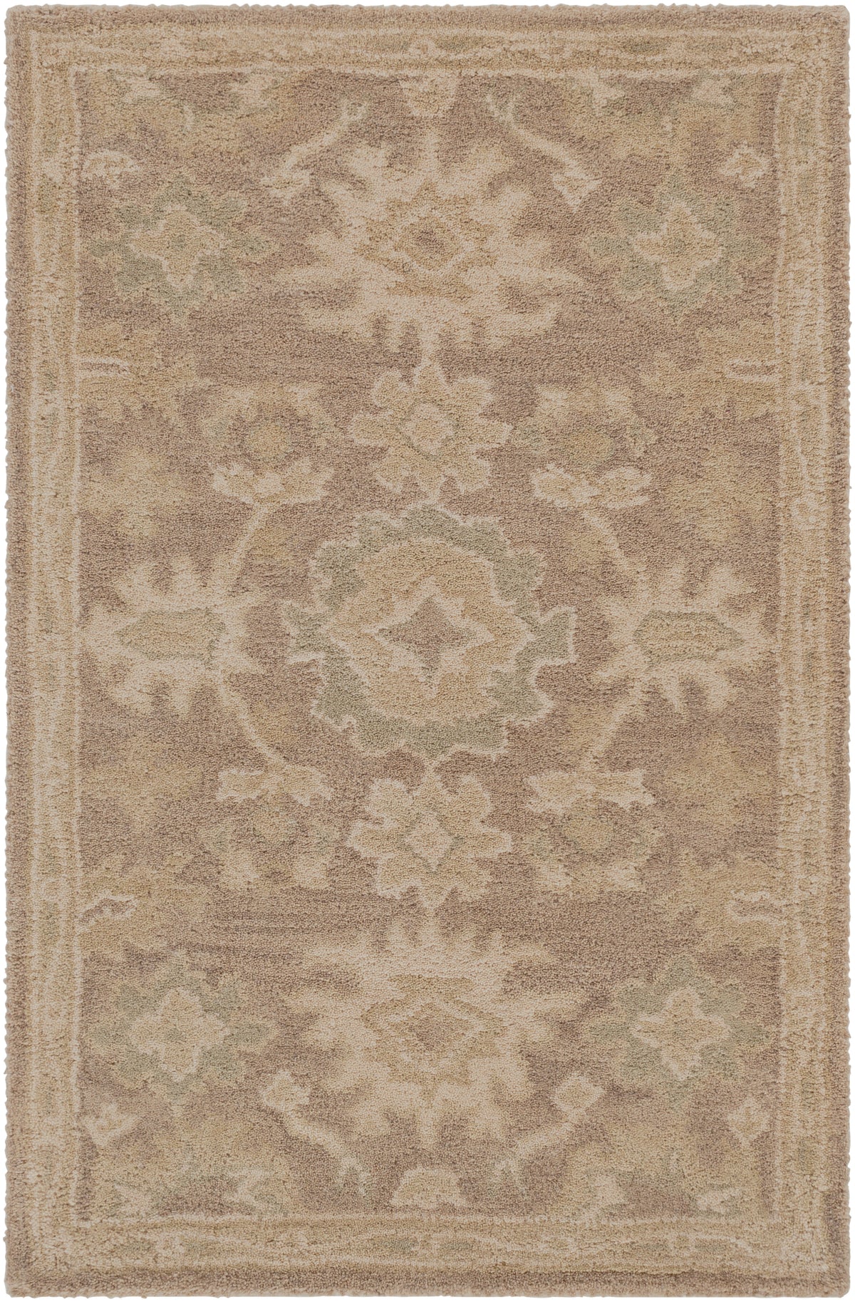 Julian Sand hand-tufted wool rug with a warm beige floral and medallion pattern.