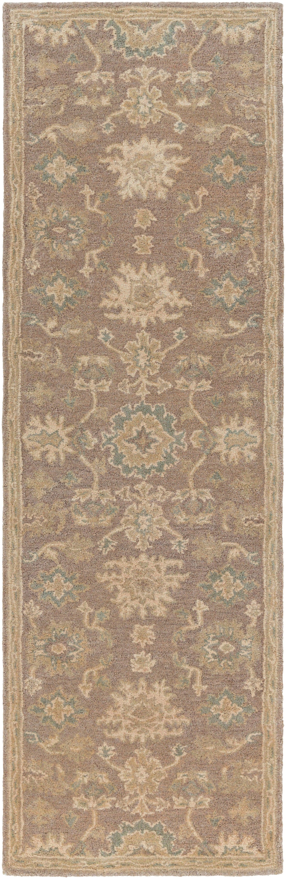 Julian Sand hand-tufted wool runner rug with traditional floral patterns in beige and sage green.