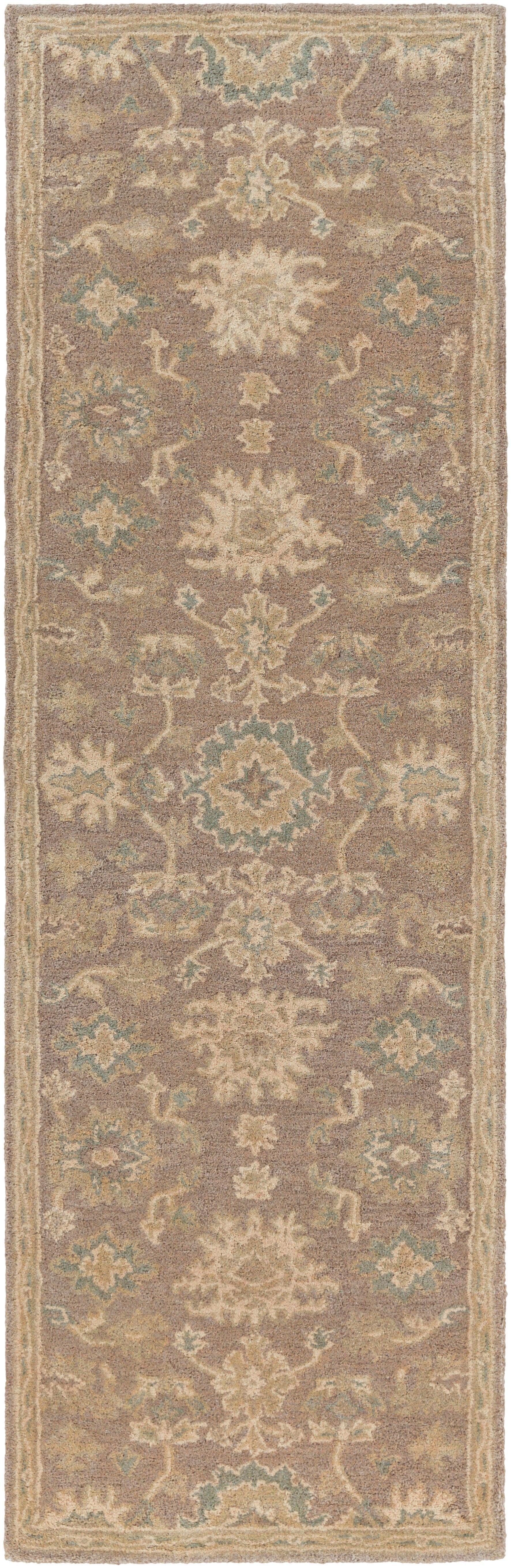 Julian Sand hand-tufted wool runner rug with traditional floral patterns in beige and sage green.
