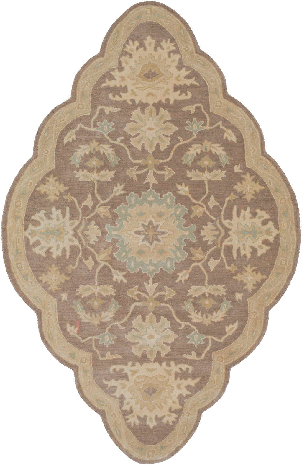 Julian Sand hand-tufted wool rug featuring a scalloped oval shape and traditional floral motifs.