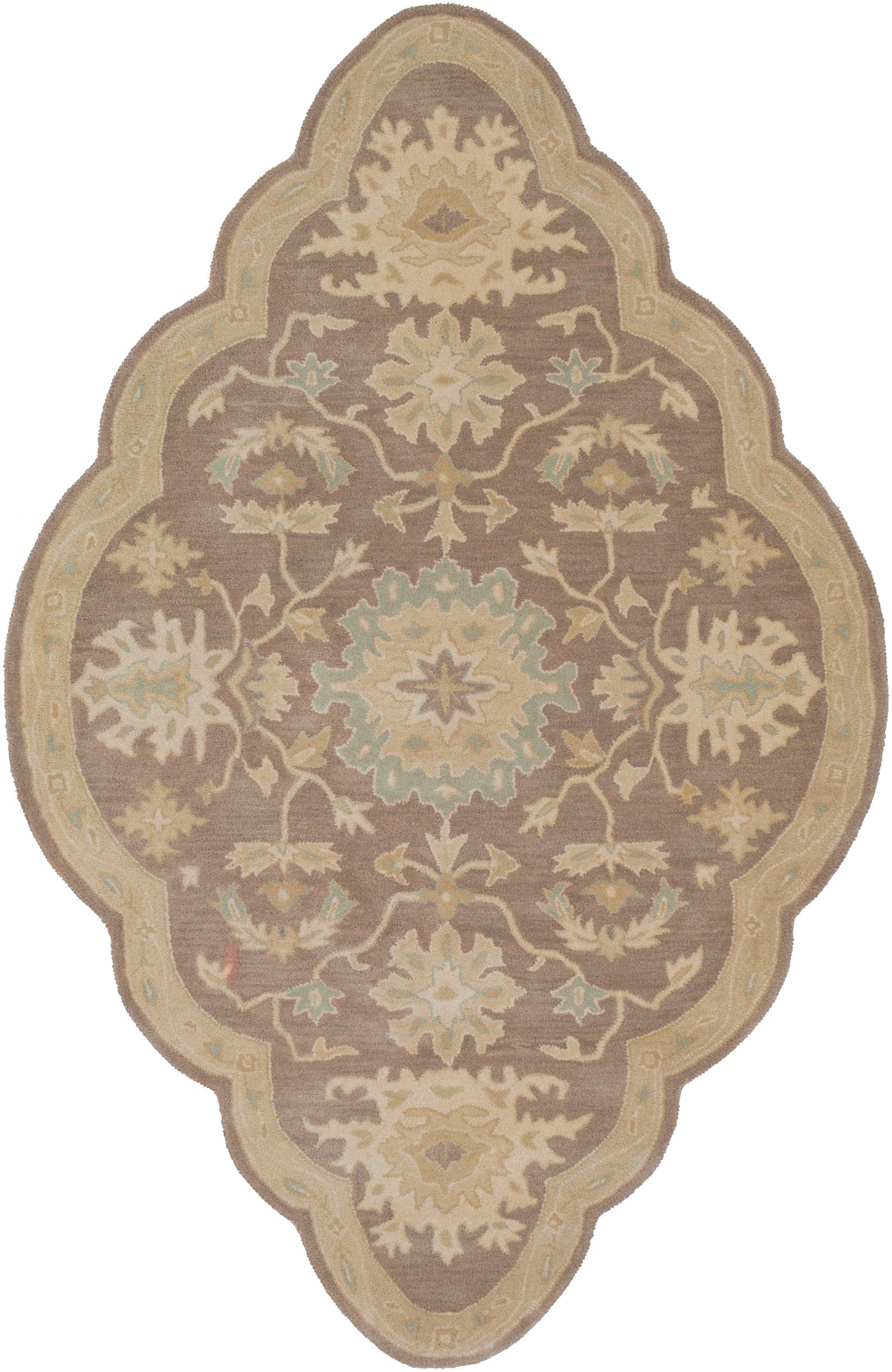 Julian Sand hand-tufted wool rug featuring a scalloped oval shape and traditional floral motifs.