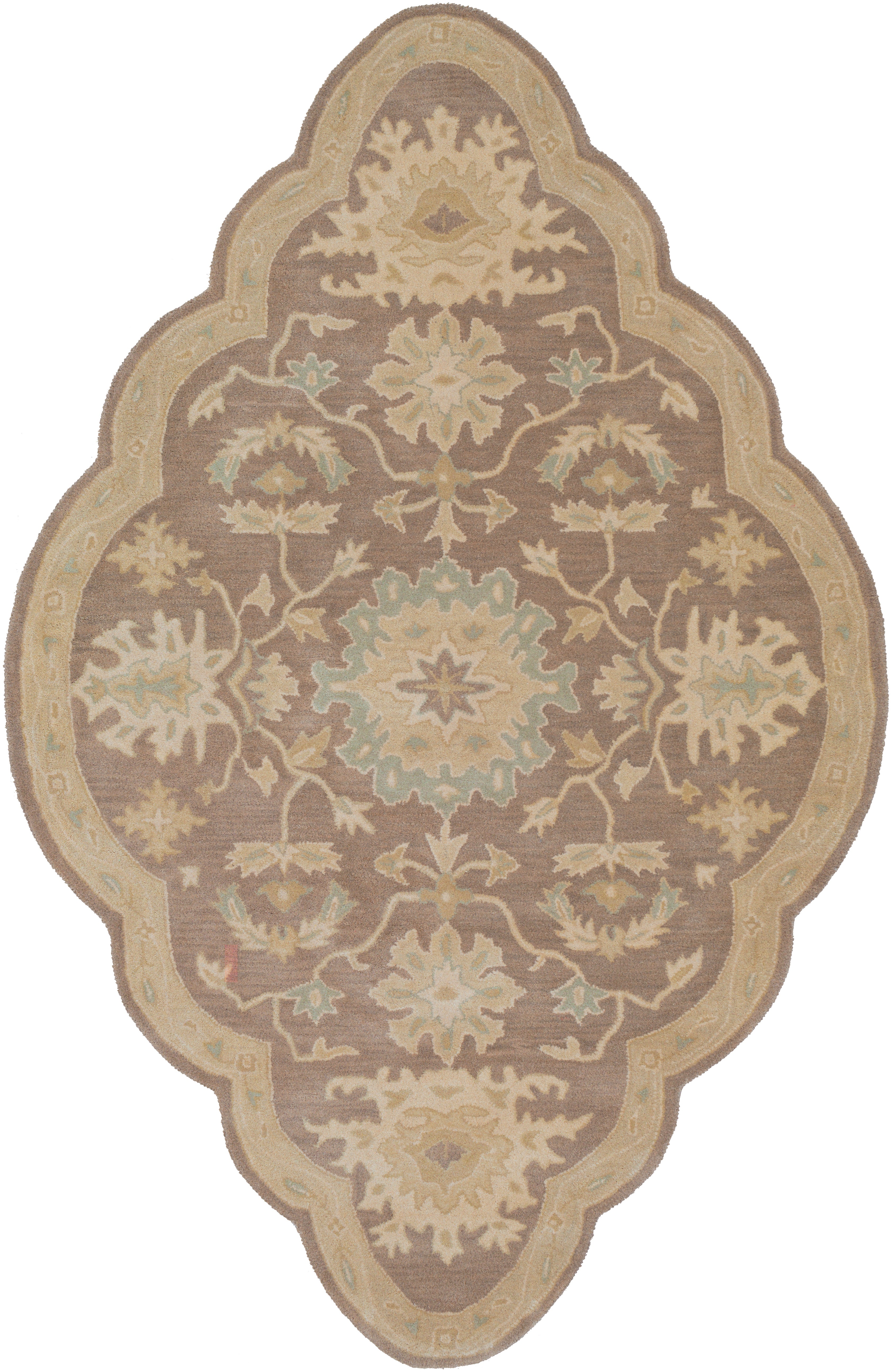 Julian Sand hand-tufted wool rug featuring a scalloped oval shape and traditional floral motifs.