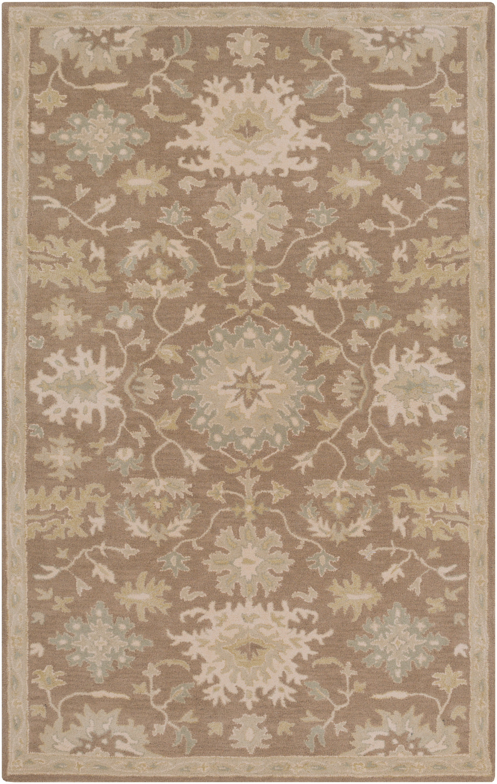 Julian Sand hand-tufted wool rug with a traditional floral pattern in warm beige and sage green.