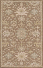 Julian Sand hand-tufted wool rug with a traditional floral pattern in warm beige and sage green.