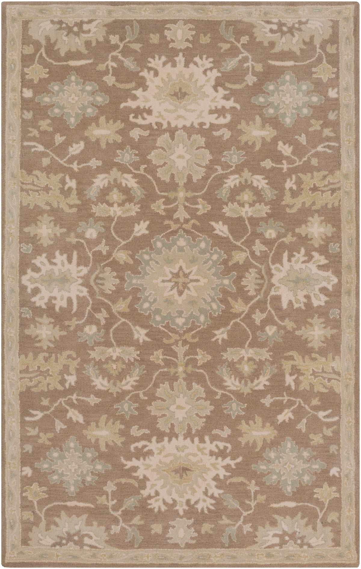 Julian Sand hand-tufted wool rug with a traditional floral pattern in warm beige and sage green.