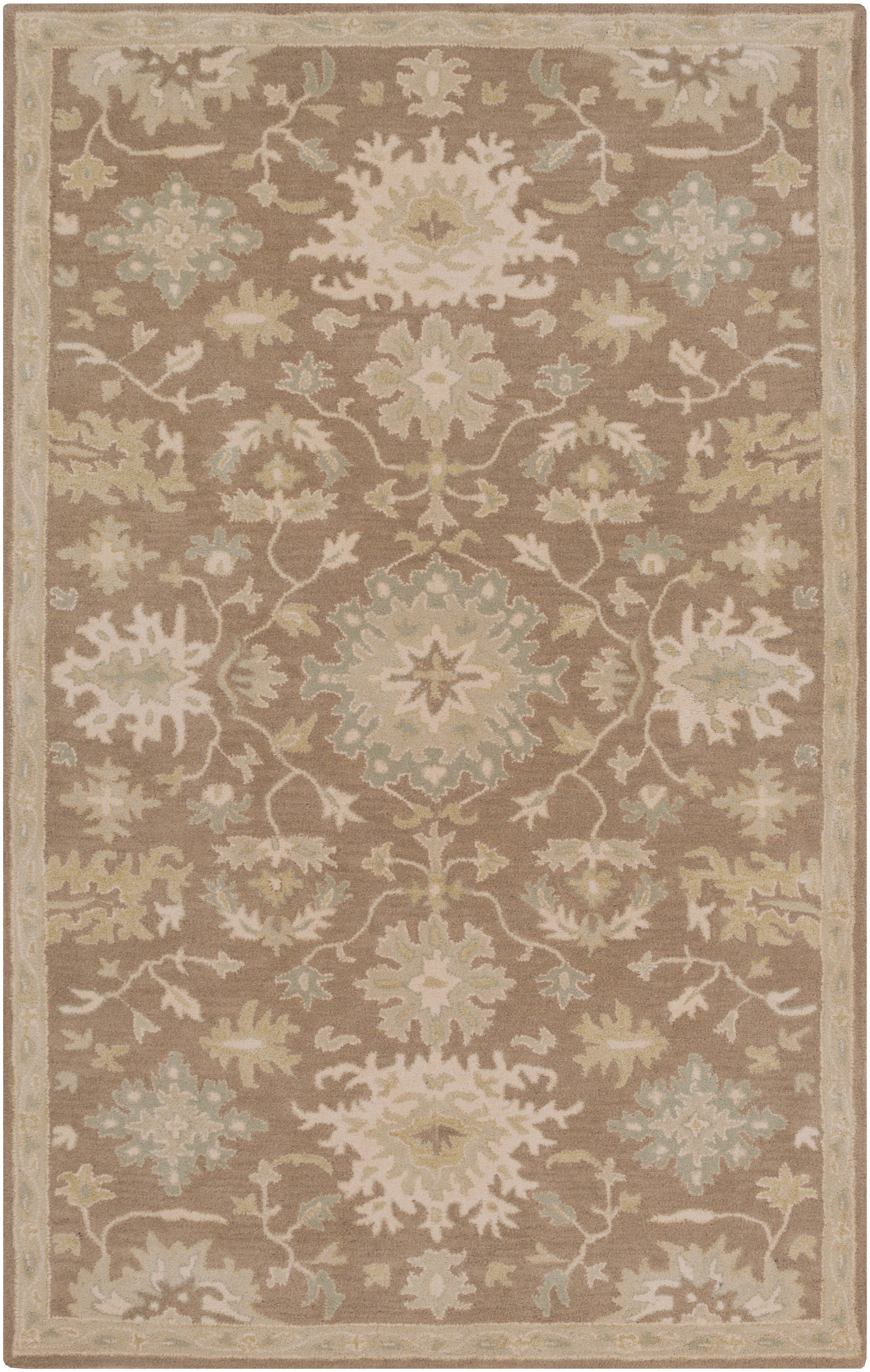Julian Sand hand-tufted wool rug with a traditional floral pattern in warm beige and sage green.