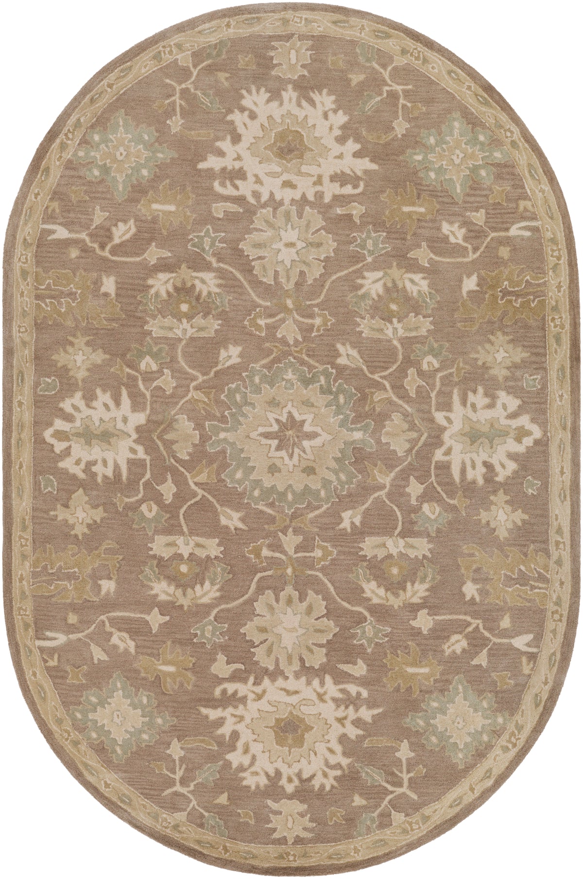Julian Sand hand-tufted oval wool rug with traditional floral patterns in warm beige and sage green.