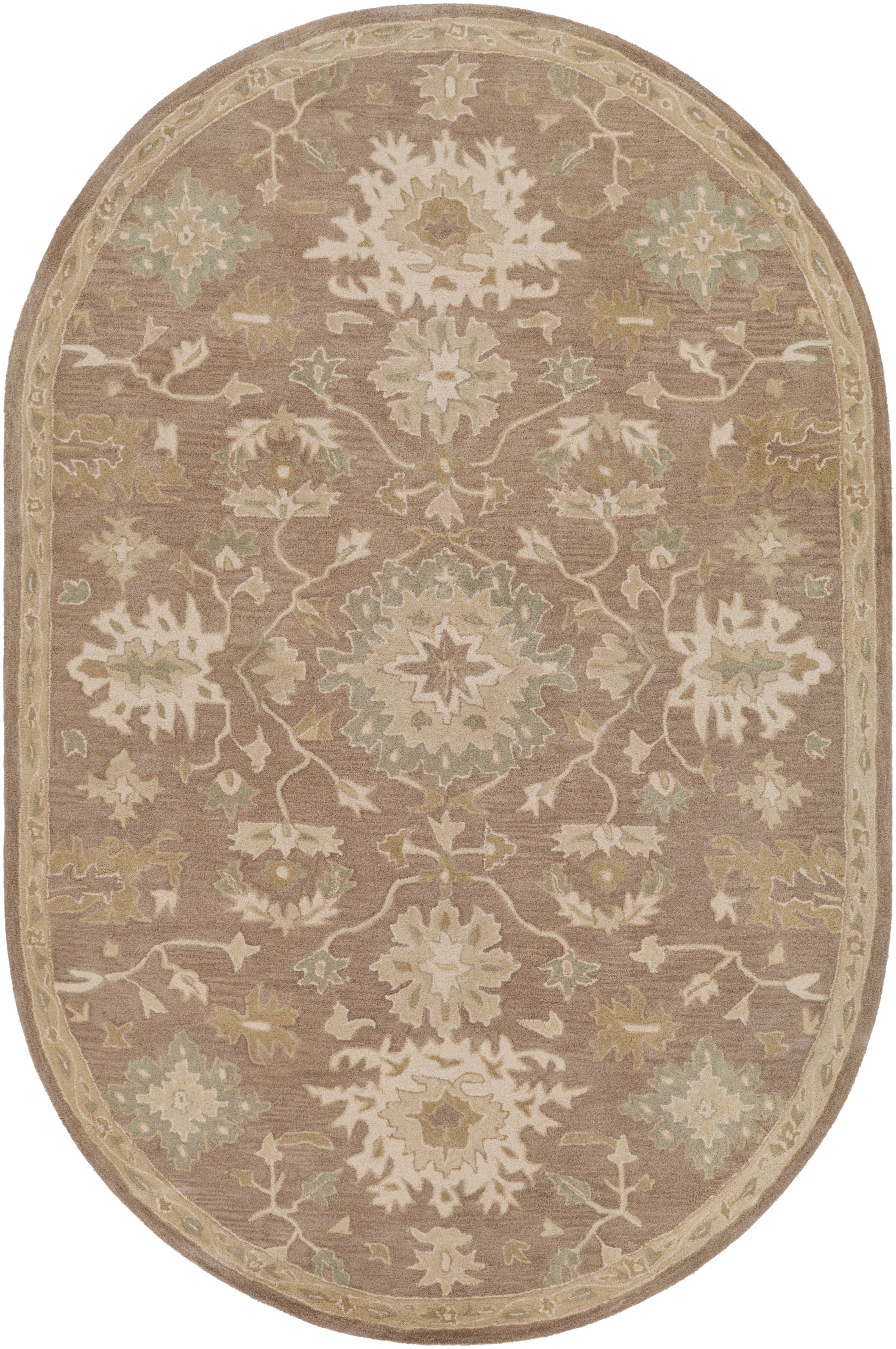 Julian Sand hand-tufted oval wool rug with traditional floral patterns in warm beige and sage green.