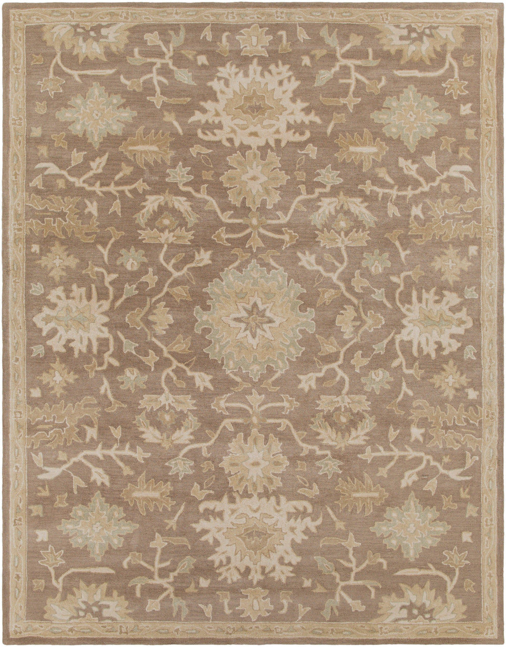 Julian Sand hand-tufted wool rug with a warm sand-colored traditional floral pattern.