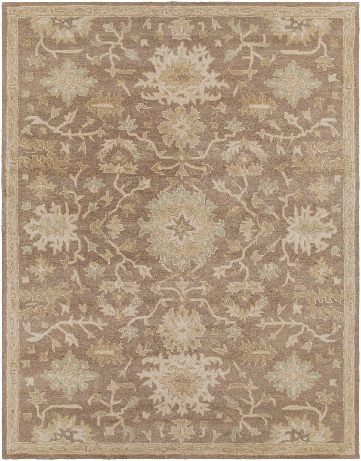 Julian Sand hand-tufted wool rug with a warm sand-colored traditional floral pattern.
