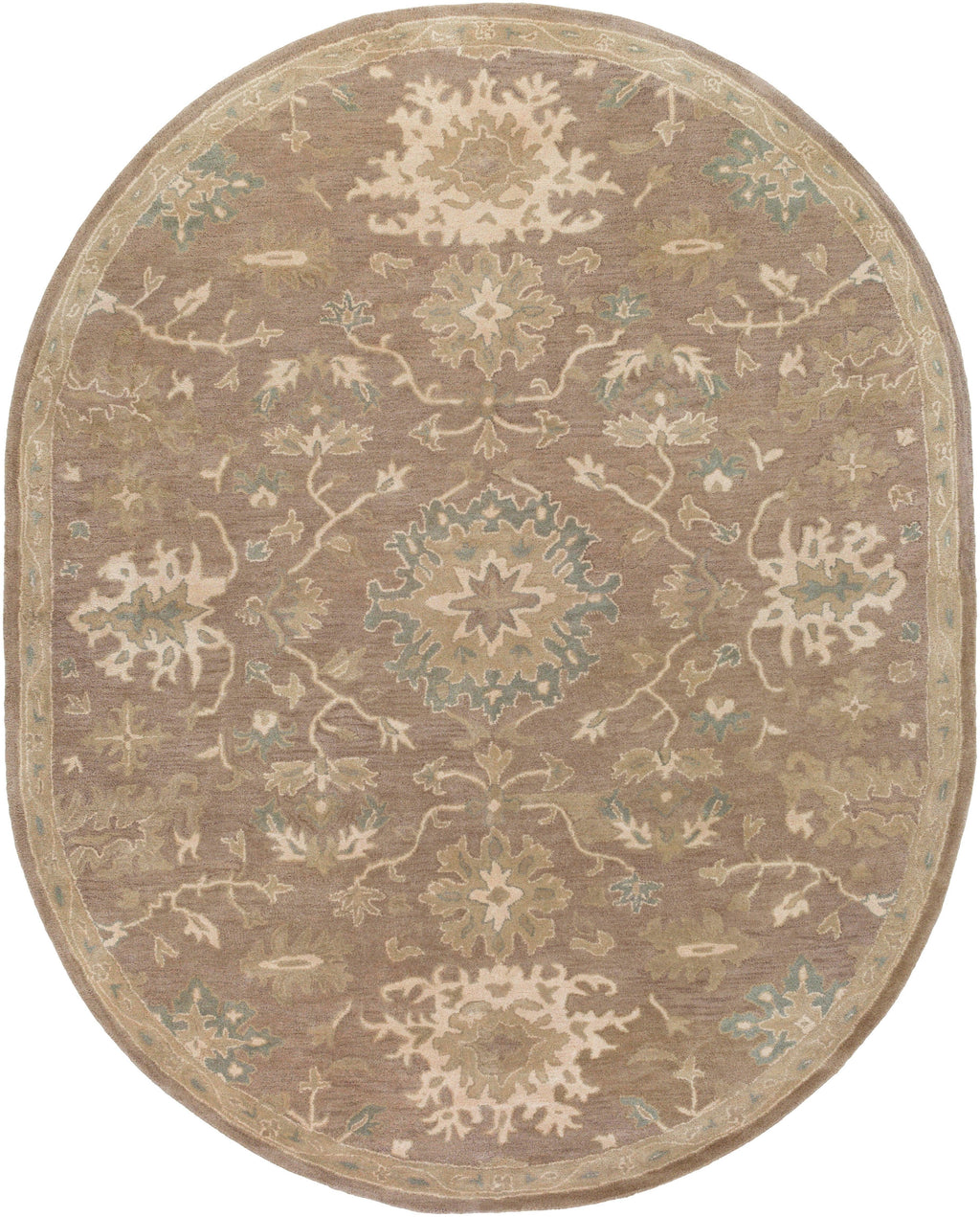 Oval Julian Sand hand-tufted wool rug with traditional floral and vine patterns.