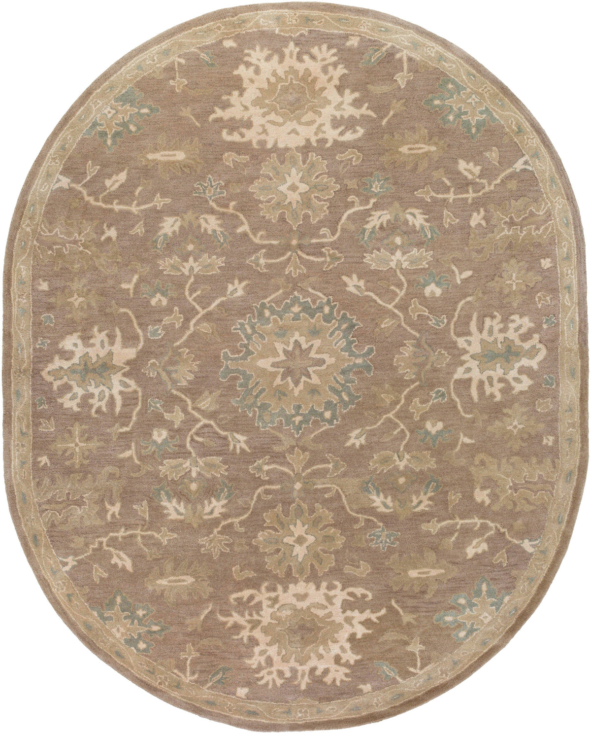 Oval Julian Sand hand-tufted wool rug with traditional floral and vine patterns.