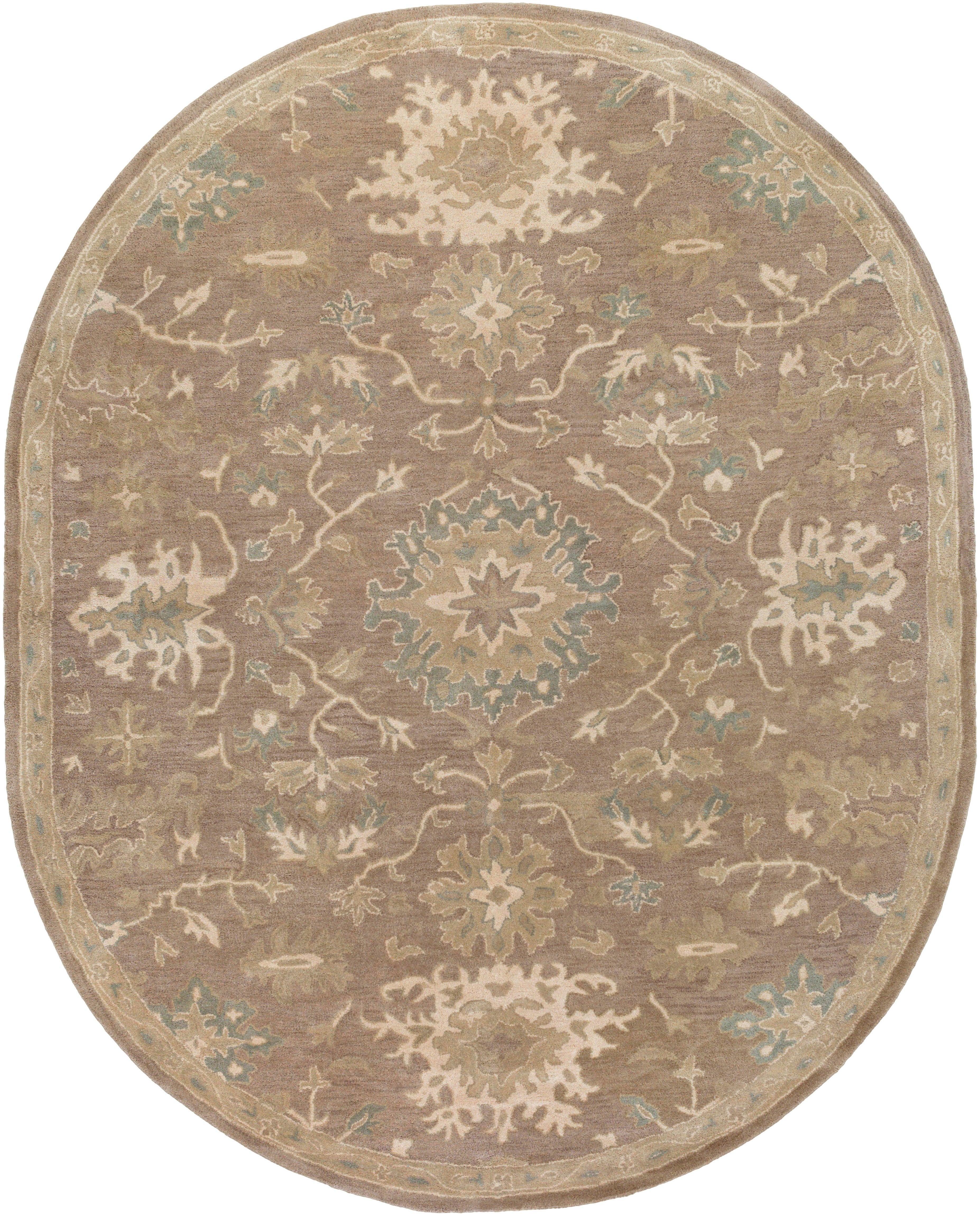 Oval Julian Sand hand-tufted wool rug with traditional floral and vine patterns.