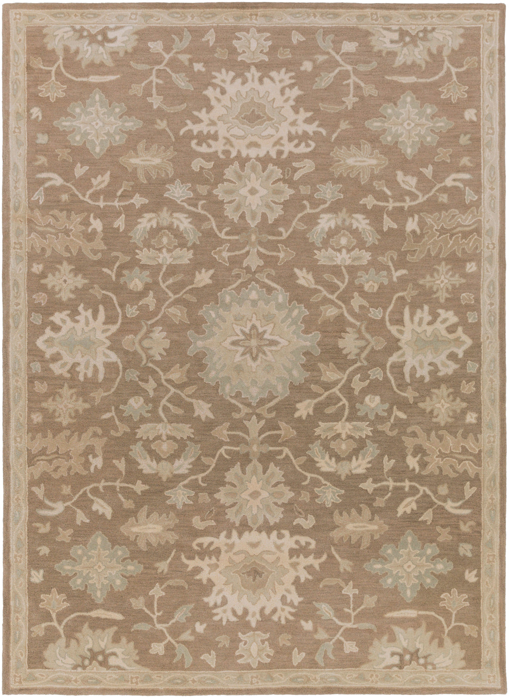 Julian Sand hand-tufted wool rug with traditional floral patterns in warm beige and cream tones.