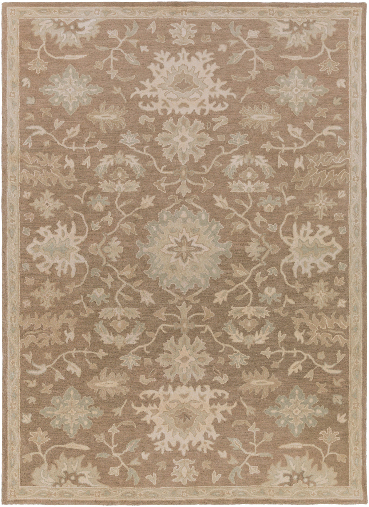 Julian Sand hand-tufted wool rug with traditional floral patterns in warm beige and cream tones.
