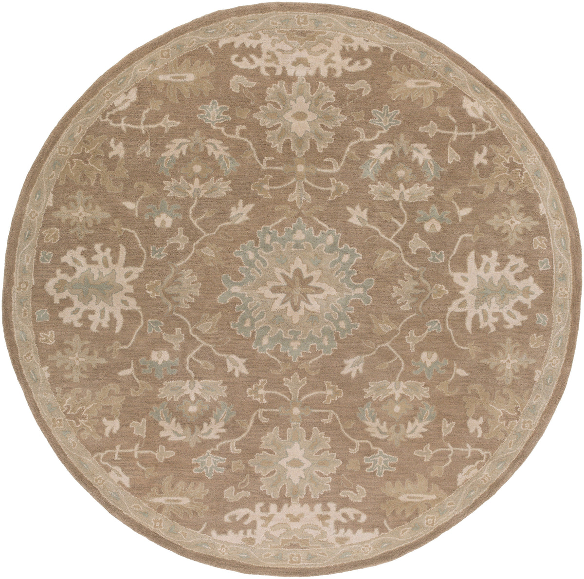 Julian Sand round hand-tufted wool rug with traditional floral patterns in beige and sage green.