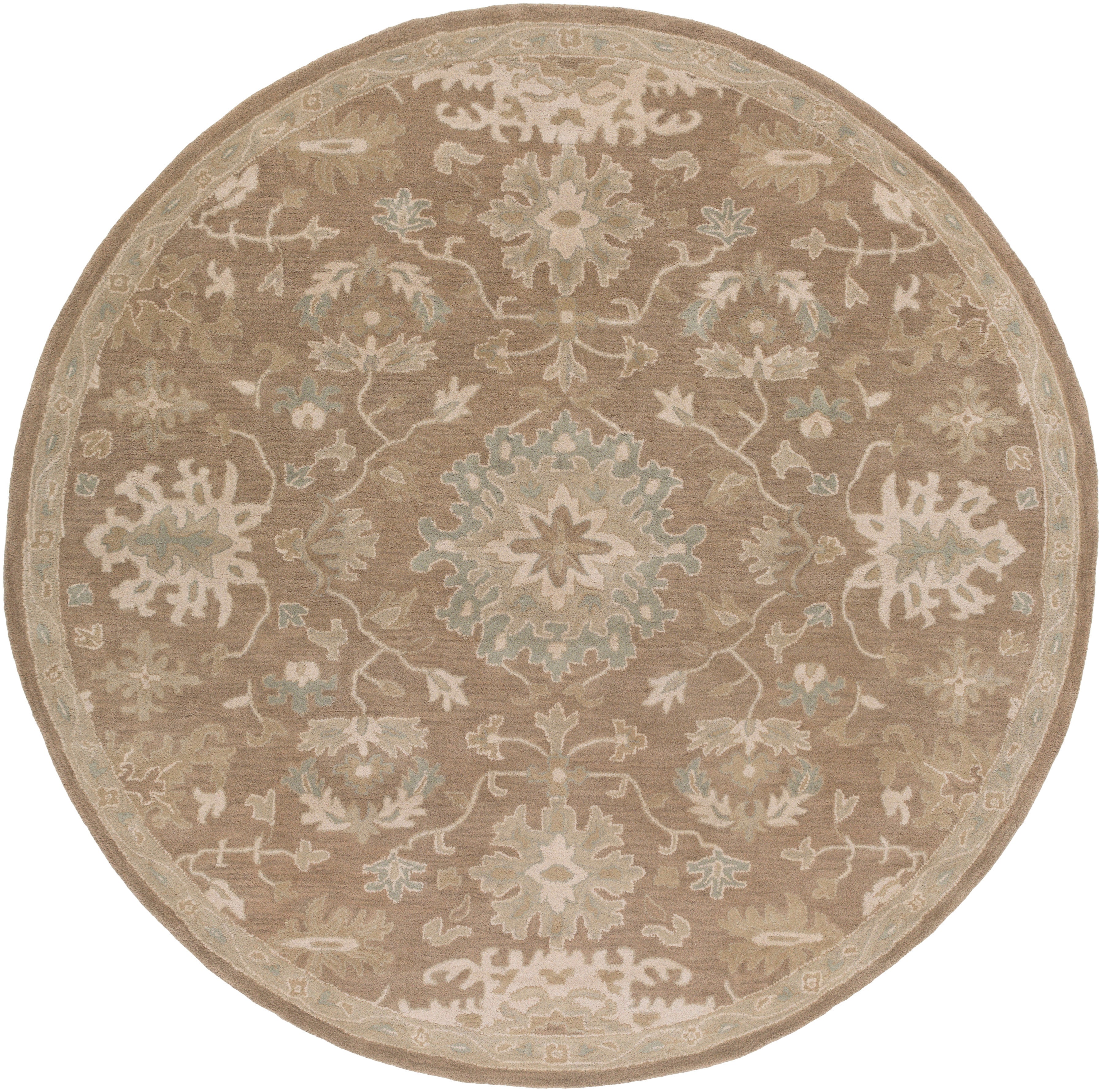 Julian Sand round hand-tufted wool rug with traditional floral patterns in beige and sage green.