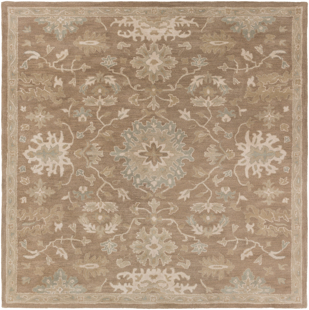 Julian Sand hand-tufted wool rug with a square traditional floral pattern in warm beige and sage.