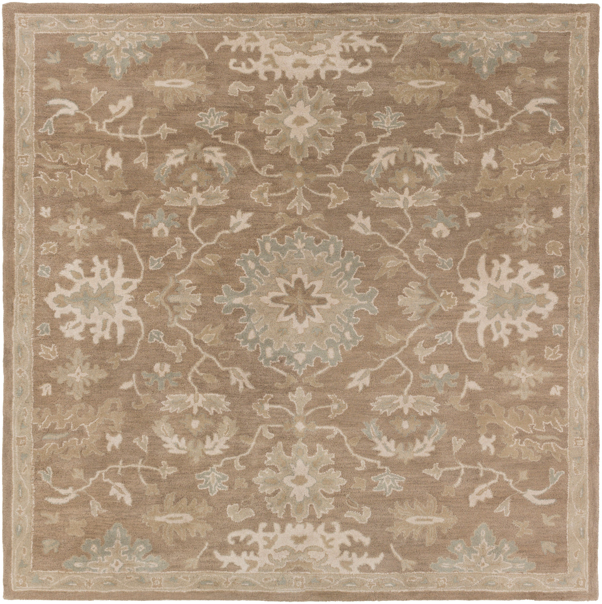Julian Sand hand-tufted wool rug with a square traditional floral pattern in warm beige and sage.