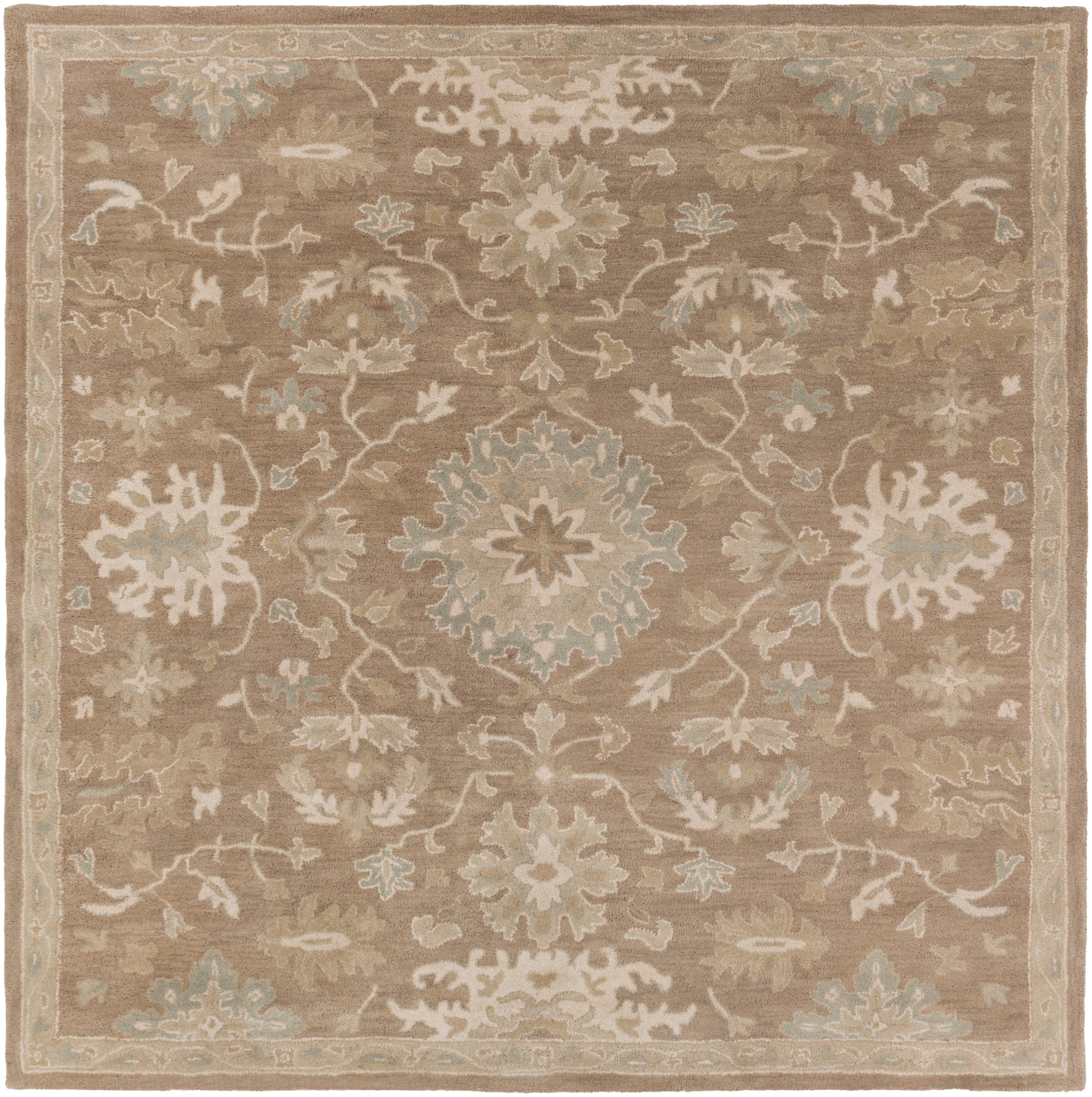 Julian Sand hand-tufted wool rug with a square traditional floral pattern in warm beige and sage.