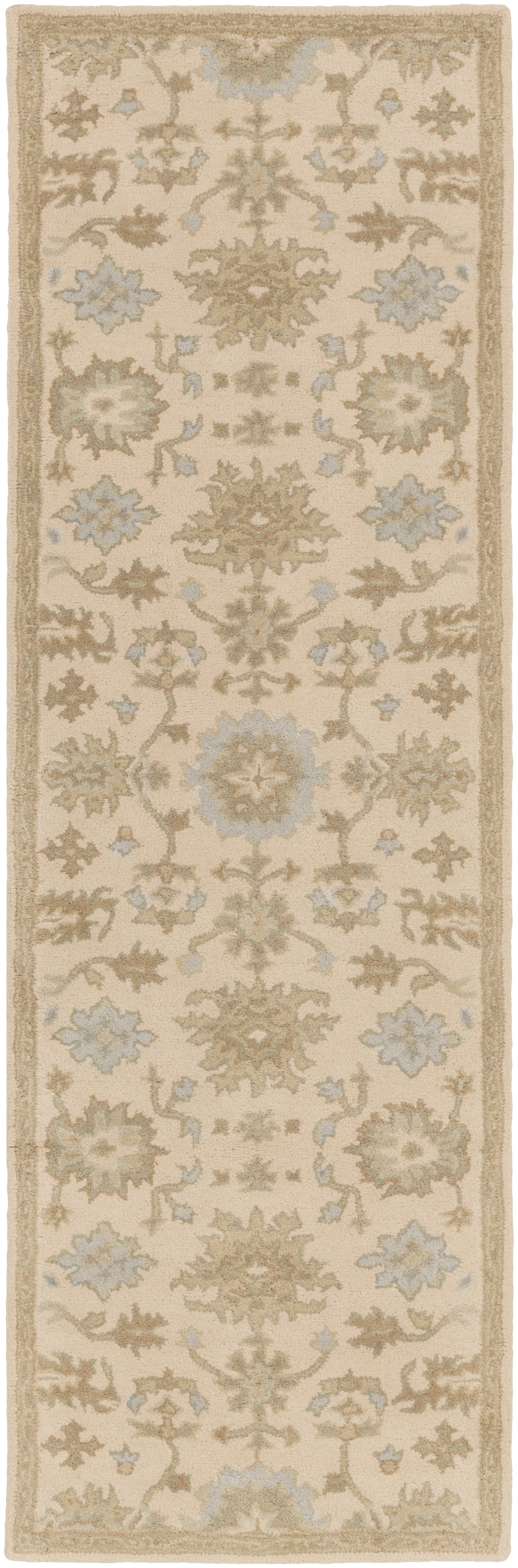 Julian Natural hand-tufted wool runner rug with beige and grey floral patterns.