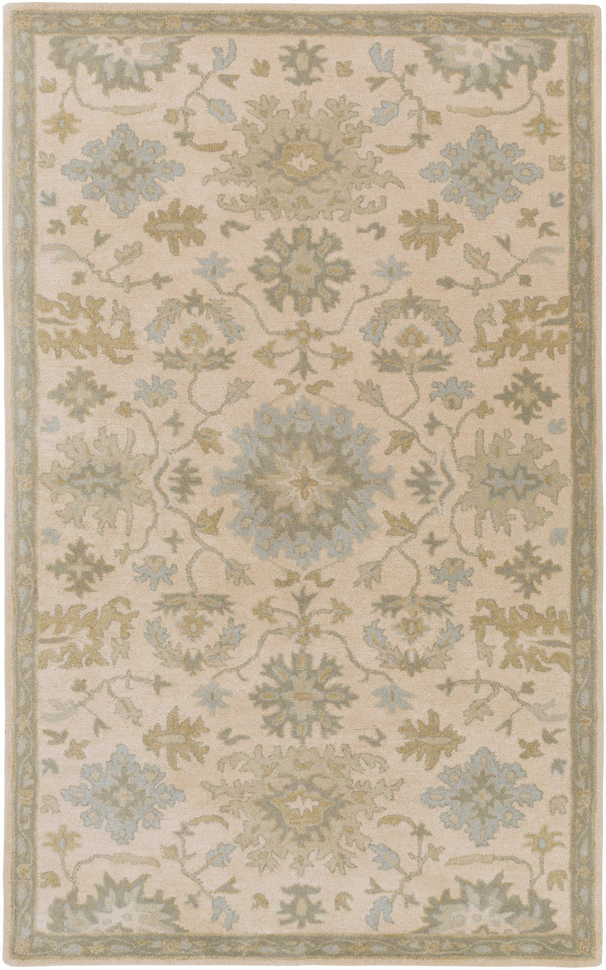 Julian Natural hand-tufted wool rug with a beige, sage green, and blue floral oriental pattern.