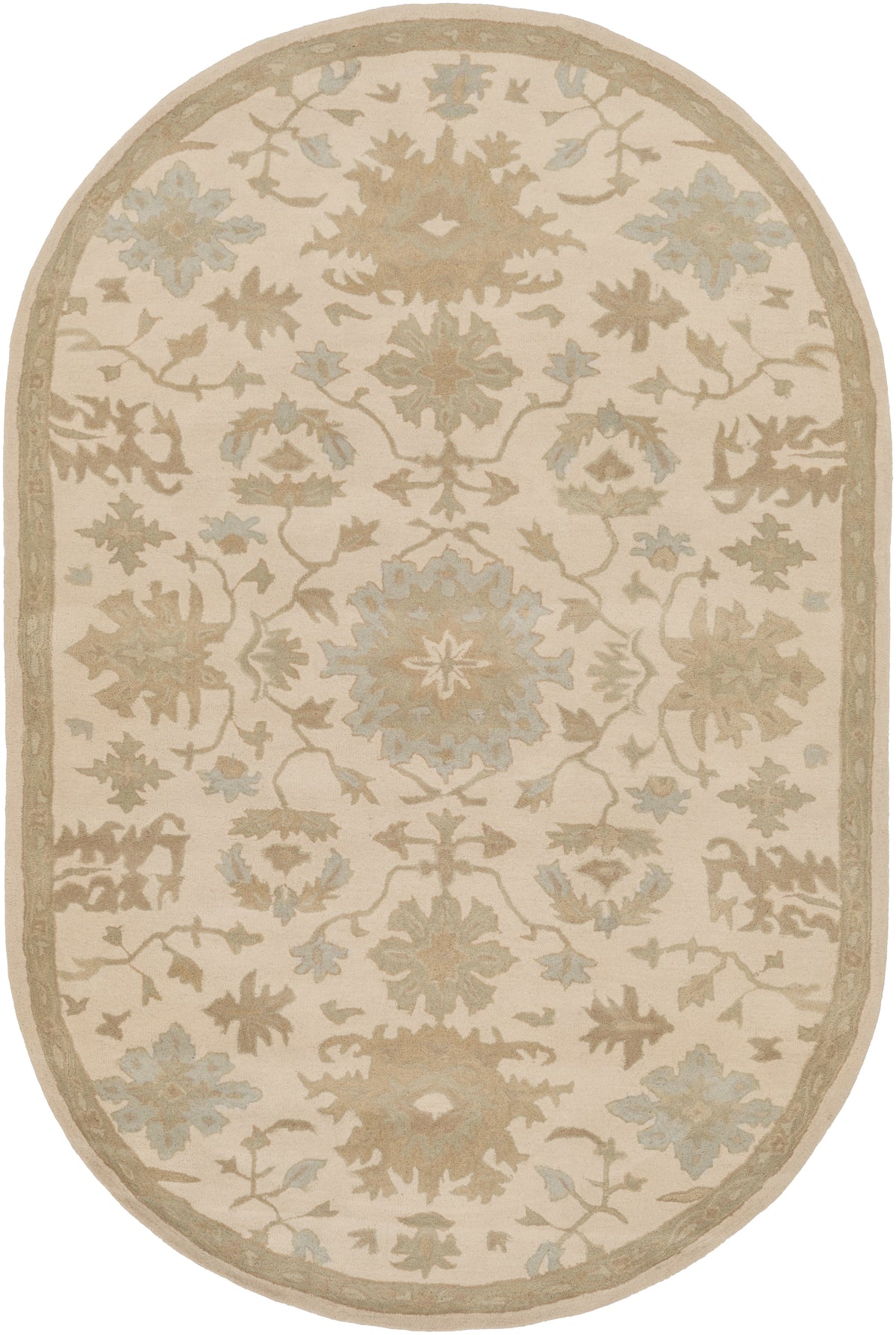 Oval Julian Natural hand-tufted wool rug with beige and light grey floral patterns