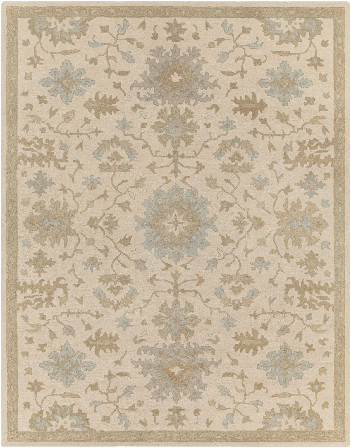 Julian Natural Hand-Tufted Rug featuring beige, tan, and light blue floral patterns.