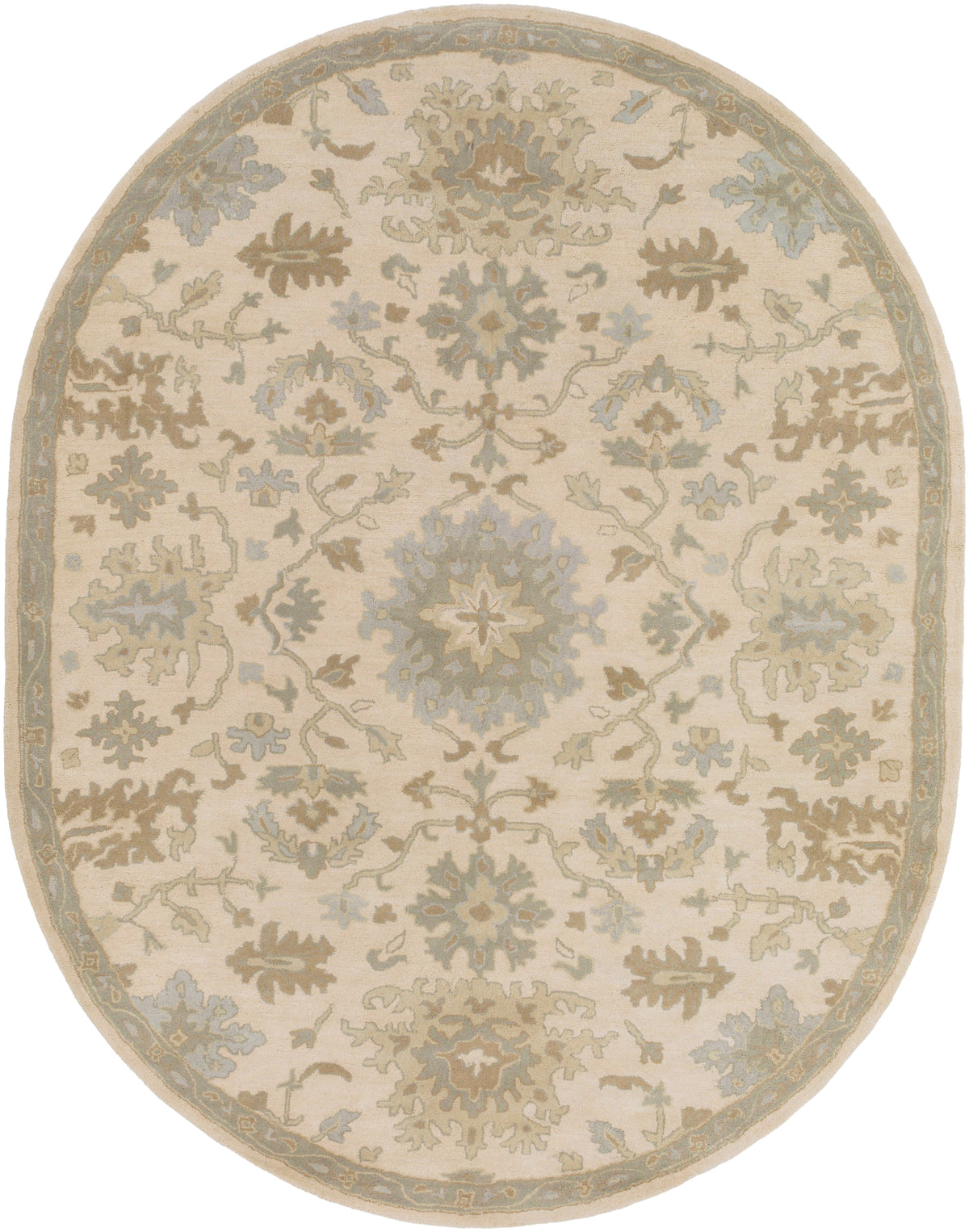 Oval Julian Natural hand-tufted wool rug with traditional beige, green, and brown floral patterns.
