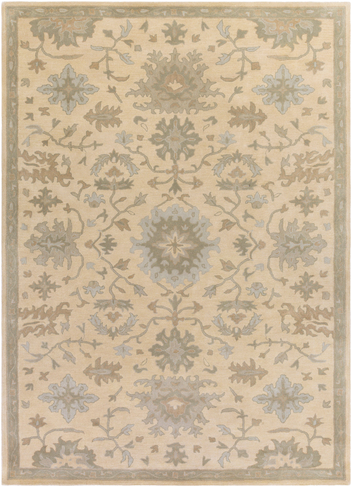 Julian Natural wool rug with hand-tufted floral and vine patterns in beige, sage green, and brown.