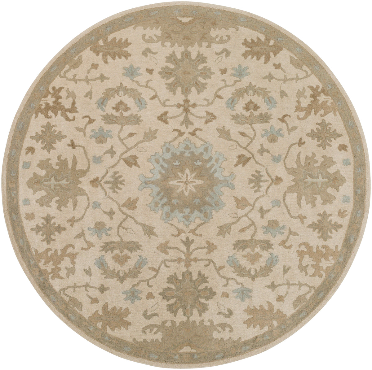 Julian round wool rug with natural beige and sage green floral patterns.