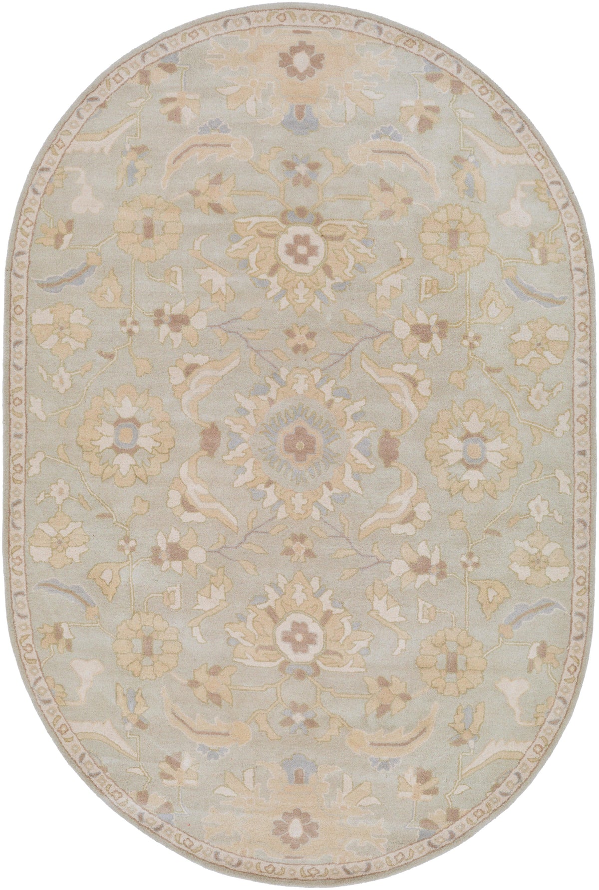 Oval Julian Arctic hand-tufted wool rug with a light blue and beige floral pattern.