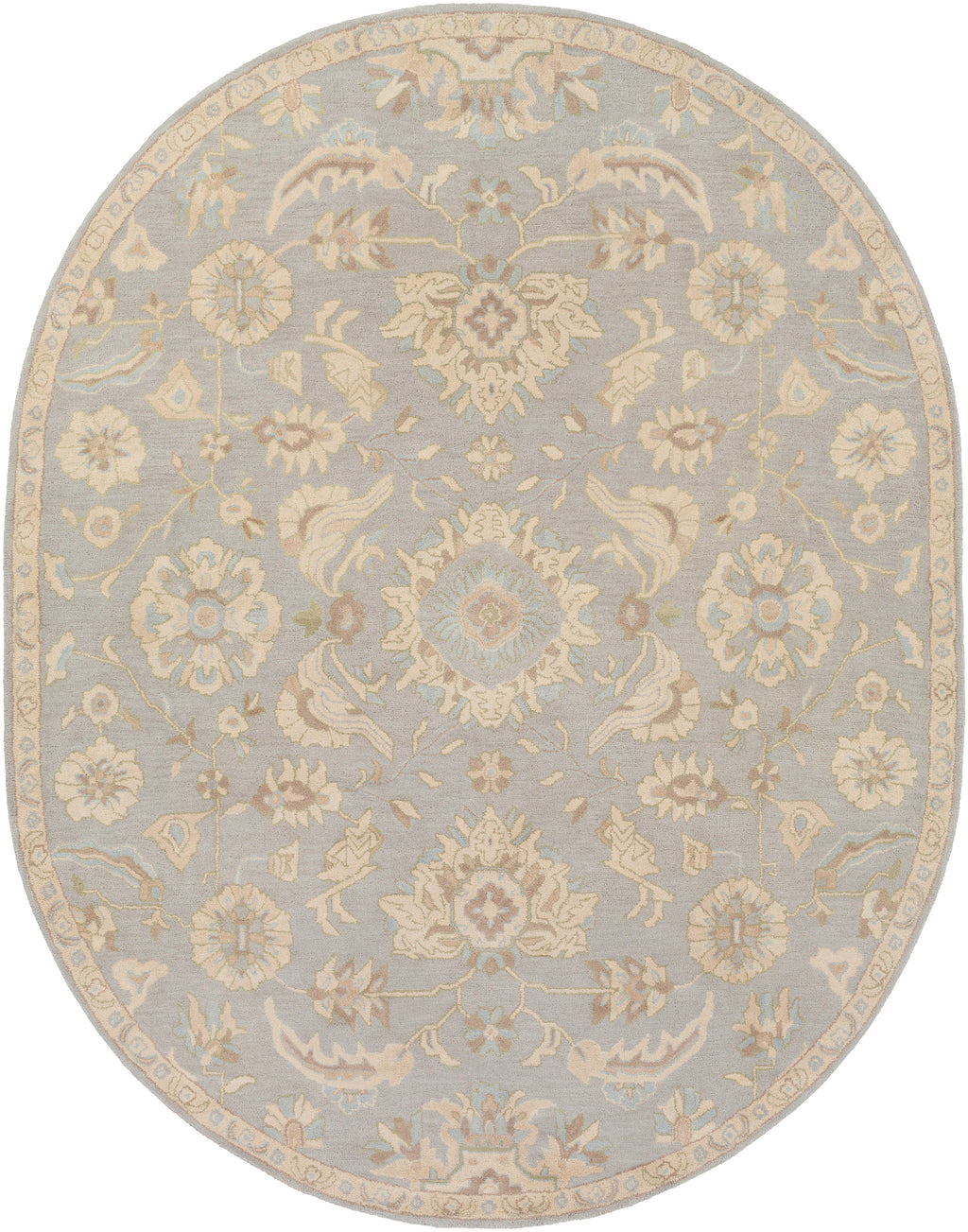 Oval Julian Arctic hand-tufted wool rug with light blue and beige floral patterns.