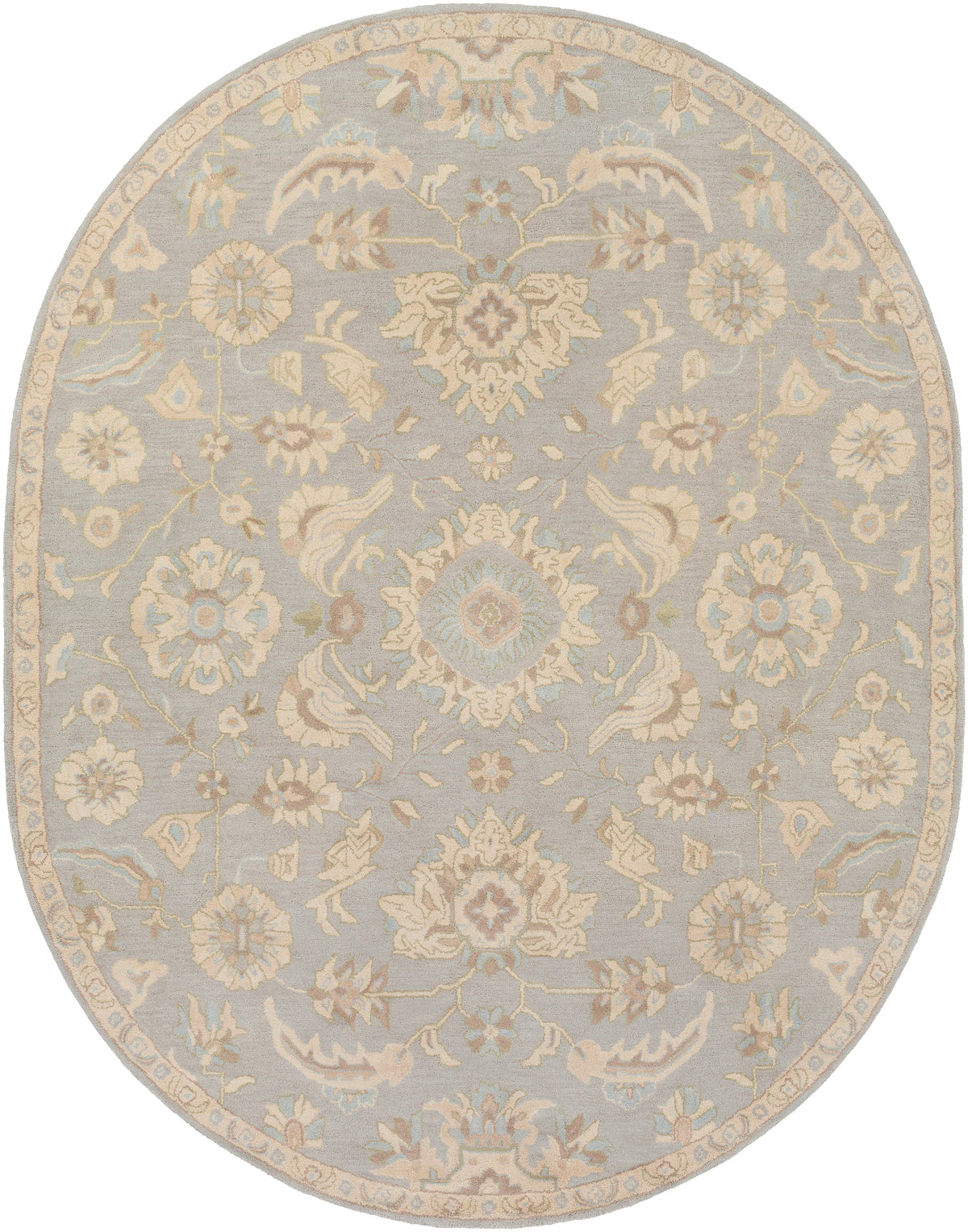 Oval Julian Arctic hand-tufted wool rug with light blue and beige floral patterns.