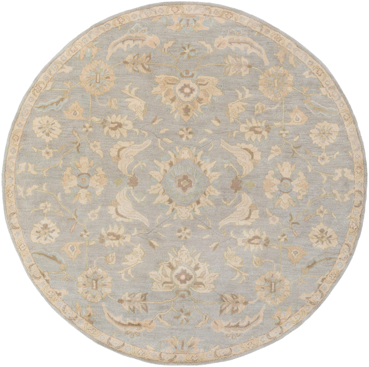 Julian Arctic round wool rug with blue and beige floral patterns
