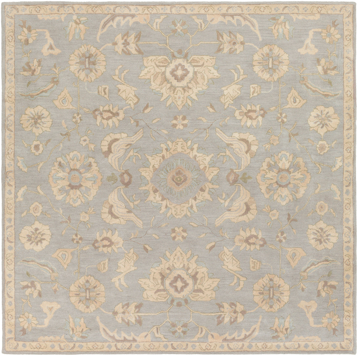 Julian Arctic hand-tufted square wool rug with a light blue and beige floral pattern.