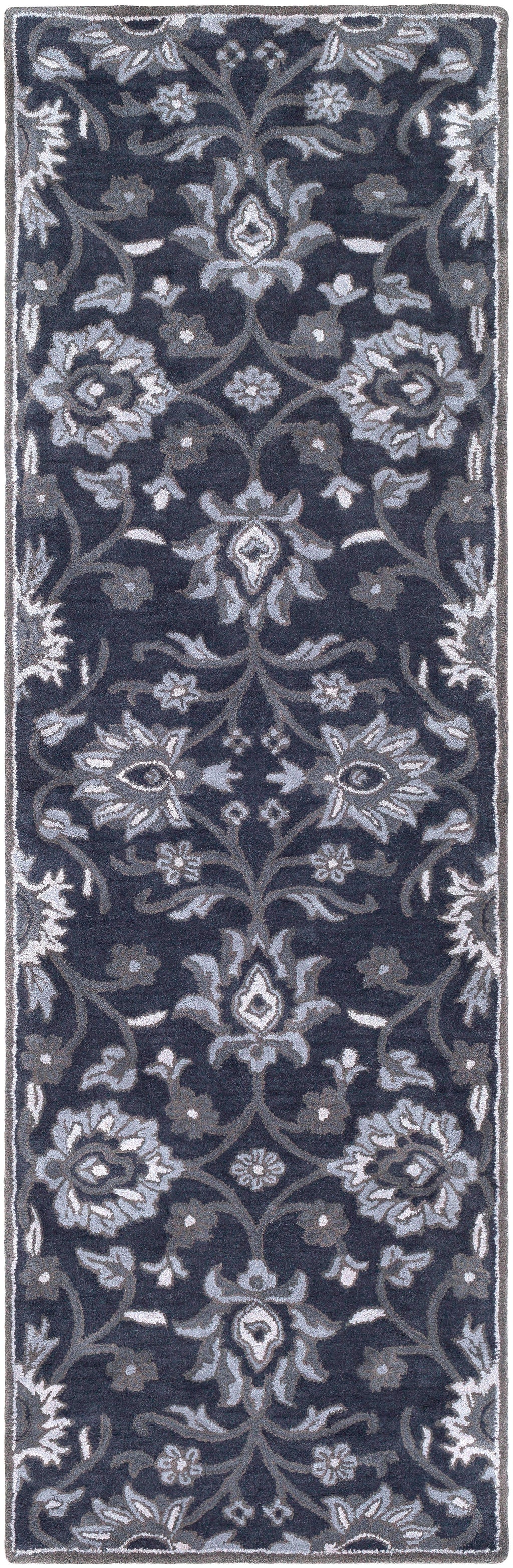 Mediterranean Ocean hand-tufted wool runner rug with floral patterns in charcoal, slate, and denim.