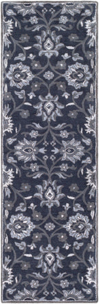 Mediterranean Ocean hand-tufted wool runner rug with floral patterns in charcoal, slate, and denim.