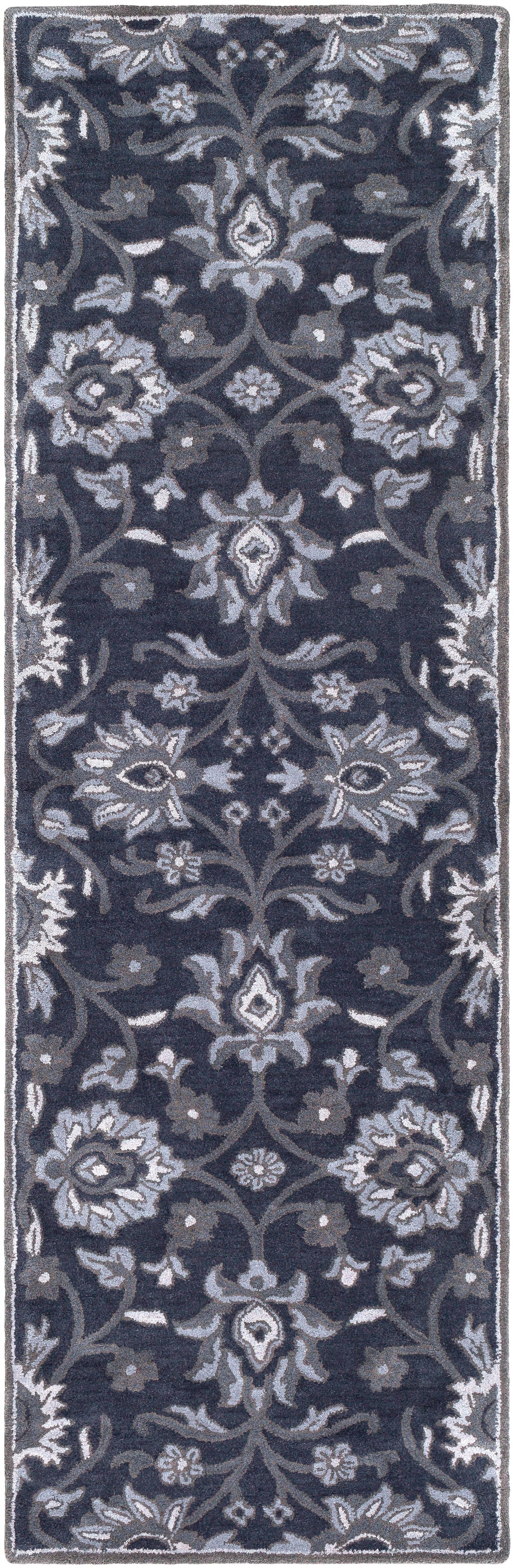 Mediterranean Ocean hand-tufted wool runner rug with floral patterns in charcoal, slate, and denim.