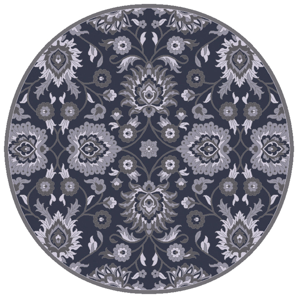 Round hand-tufted wool rug with intricate floral patterns in charcoal, slate, and denim.