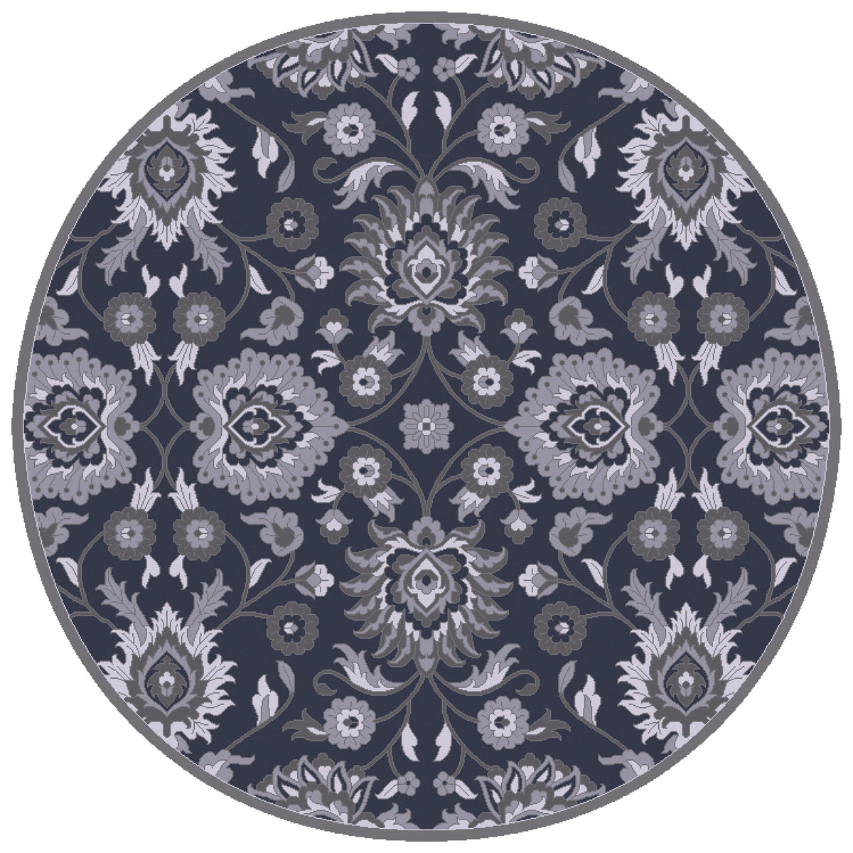 Round hand-tufted wool rug with intricate floral patterns in charcoal, slate, and denim.