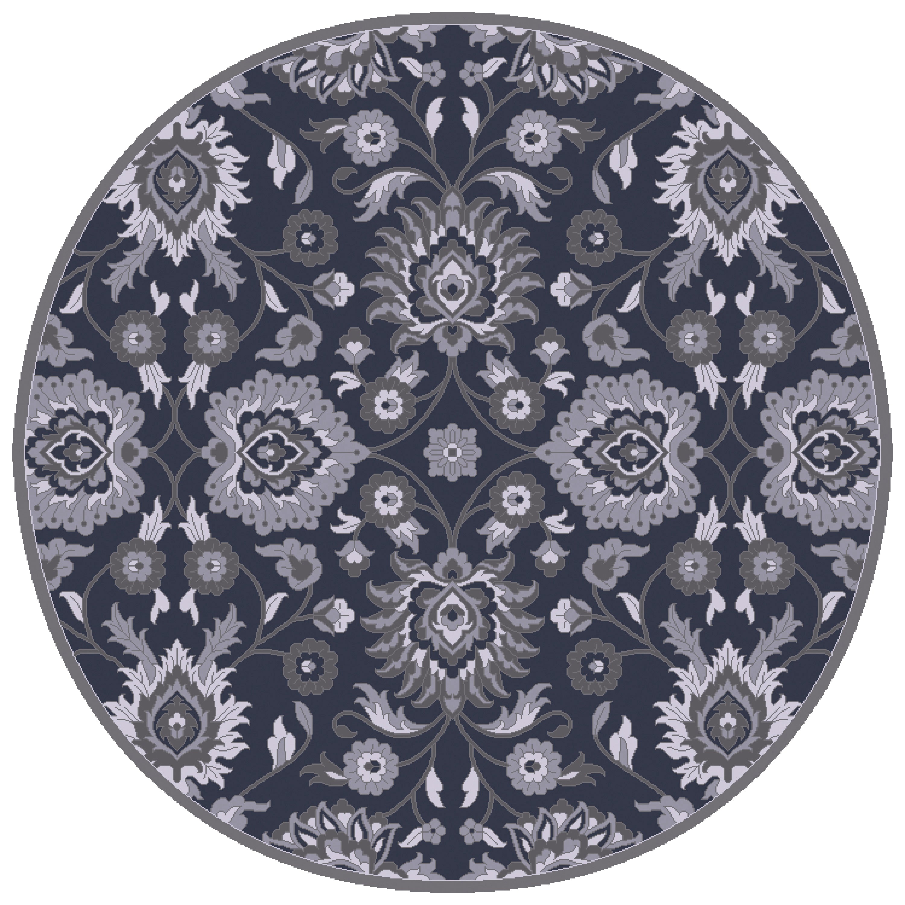 Round hand-tufted wool rug with intricate floral patterns in charcoal, slate, and denim.