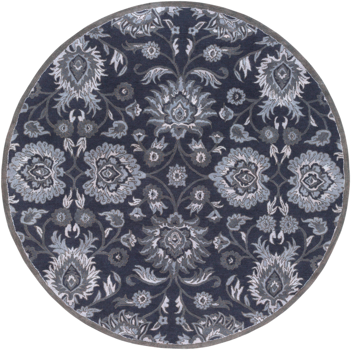 Round Mediterranean Ocean hand-tufted wool rug with charcoal, slate, and denim floral patterns.